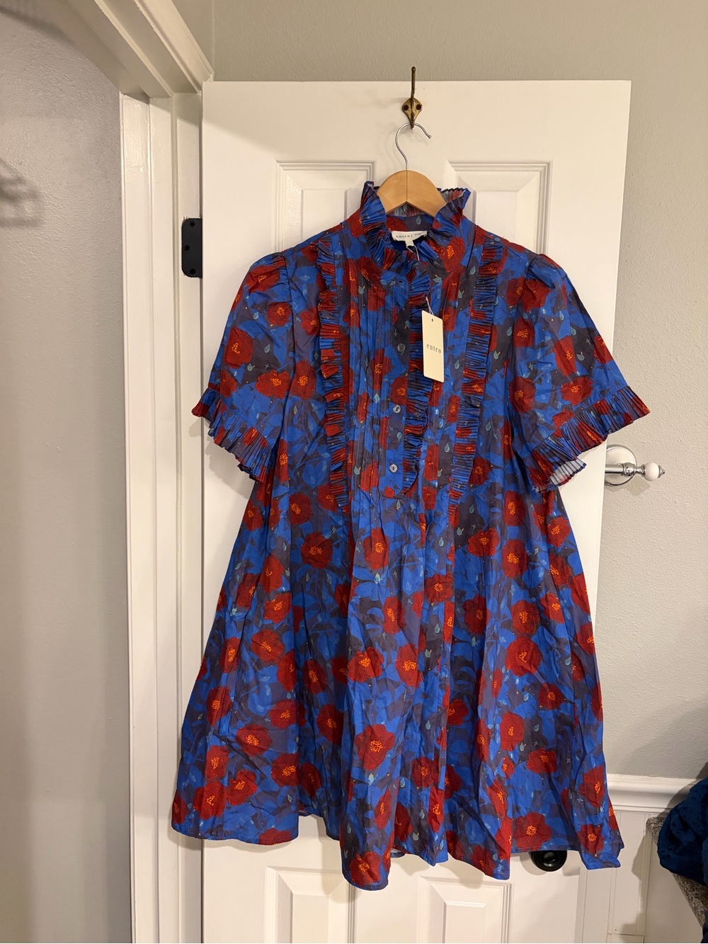 Entro Floral Pintuck Mini Dress Blue Red Large NWT